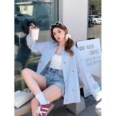 宽松长袖 蝴蝶结印花2025年新款 浅蓝色条纹衬衣上衣 女防晒夏季 衬衫