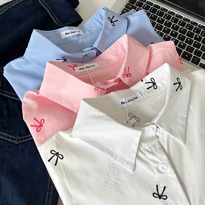 粉色蝴蝶结印花衬衫女2025新款休闲宽松通勤长袖防晒衬衣外套上衣