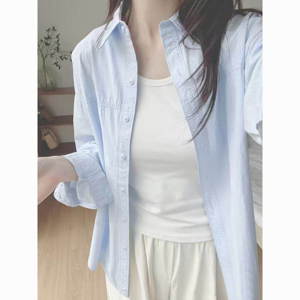 蓝色韩系纯棉长袖衬衫女春季新款爆款小个子衬衣设计感小众上衣潮