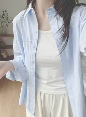 蓝色韩系纯棉长袖衬衫女春季新款爆款小个子衬衣设计感小众上衣潮
