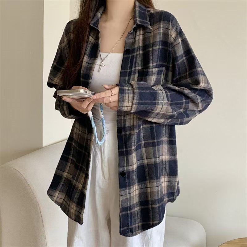 春秋新款格子衬衫洋气时尚宽松美式复古高街潮牌中长款长袖外套女