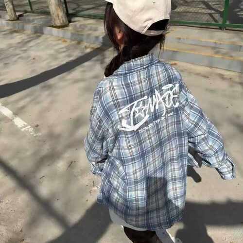 韩版hiphop撞色格子长袖衬衫女春秋宽松oversize慵懒风百搭外套潮