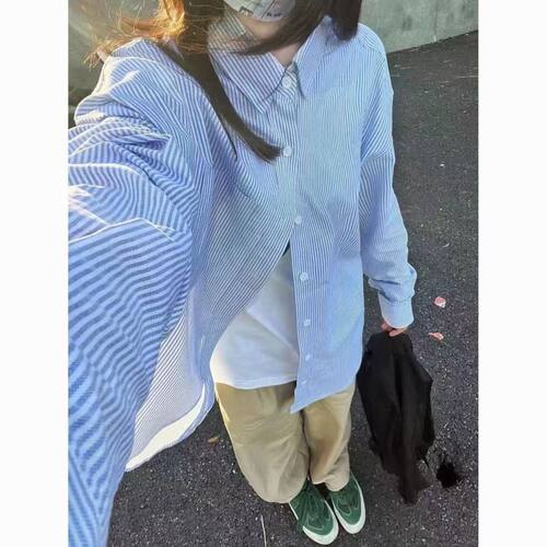 美式潮流条纹衬衫女防晒外套2025秋季新款宽松百搭遮肉衬衣叠穿潮