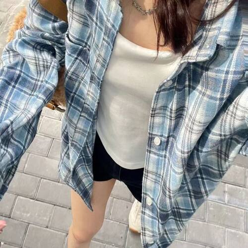 2024新款森系潮流蓝色格纹衬衫外套女宽松休闲遮肉中长款衬衣外穿