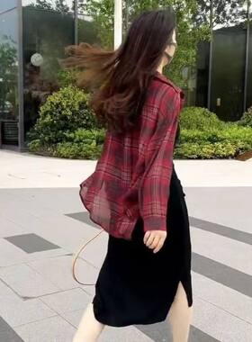 洋气超轻薄防晒衣女外穿宽松显瘦垂直燕尾格子小众设计衬衫防晒衣