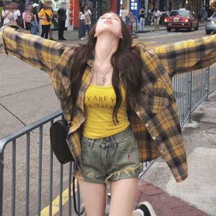 韩系chic别致嫩黄色格子衬衫女宽松显瘦慵懒风薄款衬衣外搭防晒潮