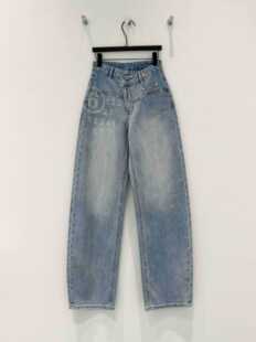 长裤 水洗复古直筒裤 女 数字印花潮流高腰牛仔裤 高品弯刀显瘦阔腿裤