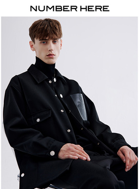 NUMBER HERE23SS春秋季羊毛真皮图案口袋衬衫式夹克外套NH24C074