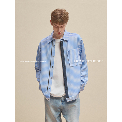 NUMBER HERE条纹醋酸面料拼接设计顺滑光泽感条纹长袖衬衫式外套