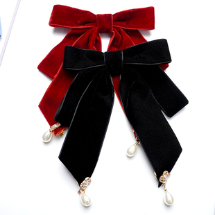 高级感新款黑色金丝绒双层大蝴蝶结水钻领花领结飘带领花