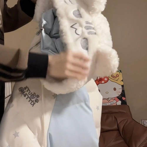 可爱卡通猫咪刺绣连帽棉