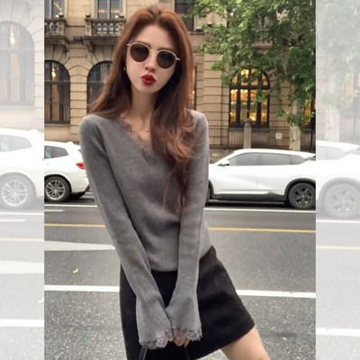 蕾丝拼接灰色V领长袖针织打底衫女秋冬轻奢高级感内搭绝美小上衣