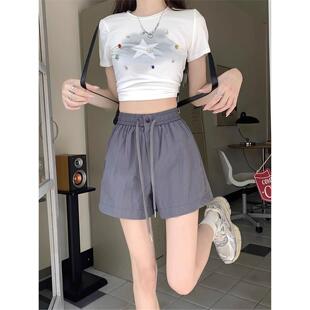 批发速干短裤女夏季薄款工装短裤百搭宽松a字阔腿休闲裤辣妹皱褶