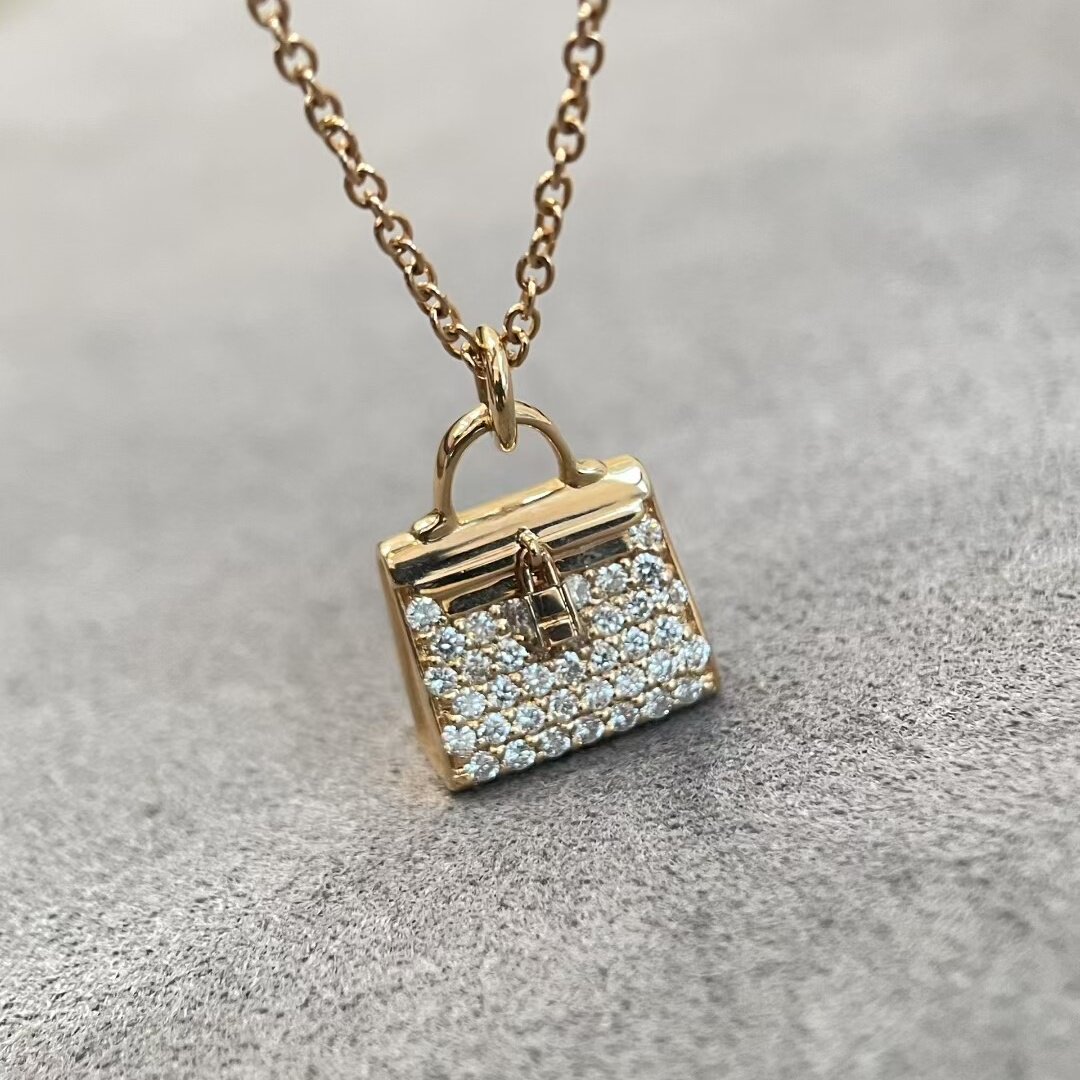 高级珠宝定制18K玫瑰金白金天然钻石满钻锁头H包包吊坠项链