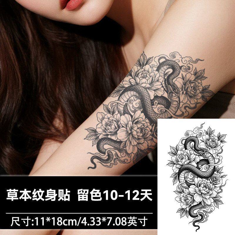 两张素花蛇花牡丹防水持久纹身贴