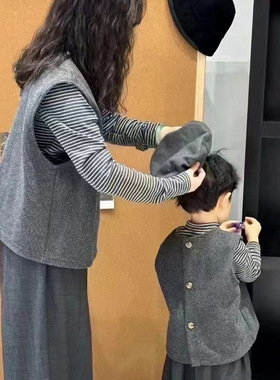 亲子装2024秋季新款灰色条纹打底衫高级马甲裤子三件套母子母女装