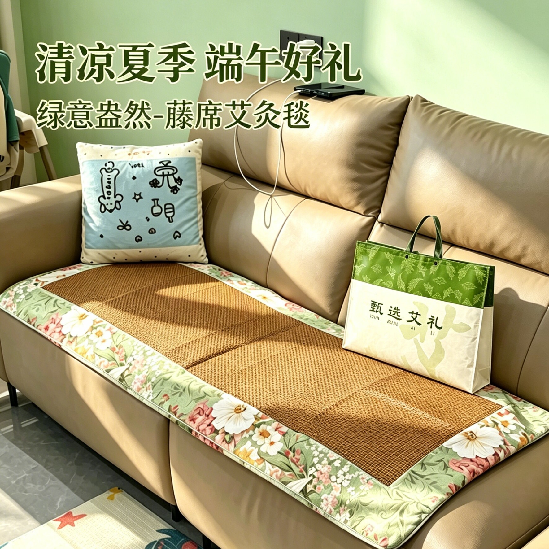 沙发垫凉席夏用艾草躺椅冰凉垫夏季家用久坐亚麻防滑藤席端午礼品