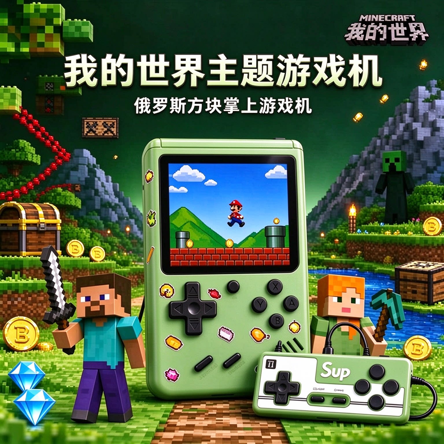 我的世界掌上游戏机超级玛丽俄罗斯方块男孩礼物高清彩屏可连电视