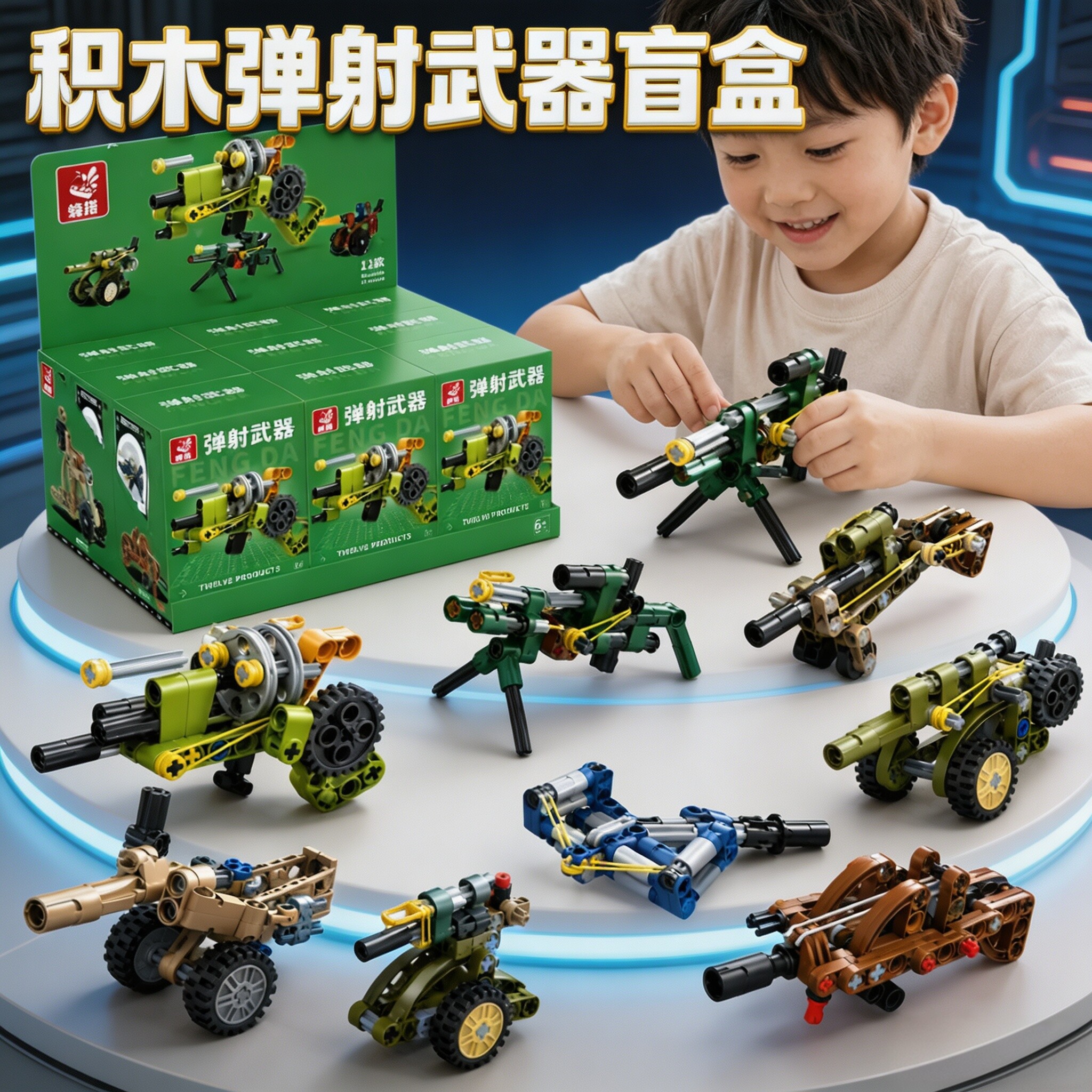 手枪积木盲盒儿童拼装可发射男孩益智机关枪模型套装盲盒玩具礼物
