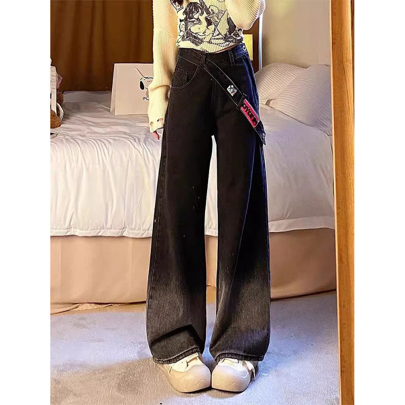 大码新款美式侧边拉链渐变牛仔裤女秋季胖mm高腰直筒阔腿宽松裤子