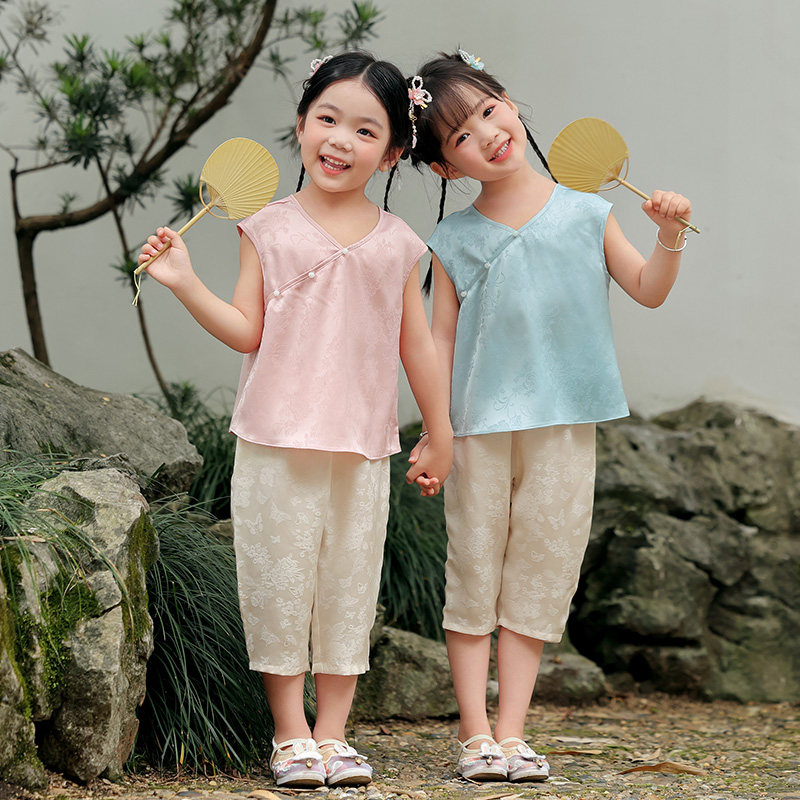 萌乎·微风 女童汉服夏季中国风新中式高端100%真丝唐装两件套装图片