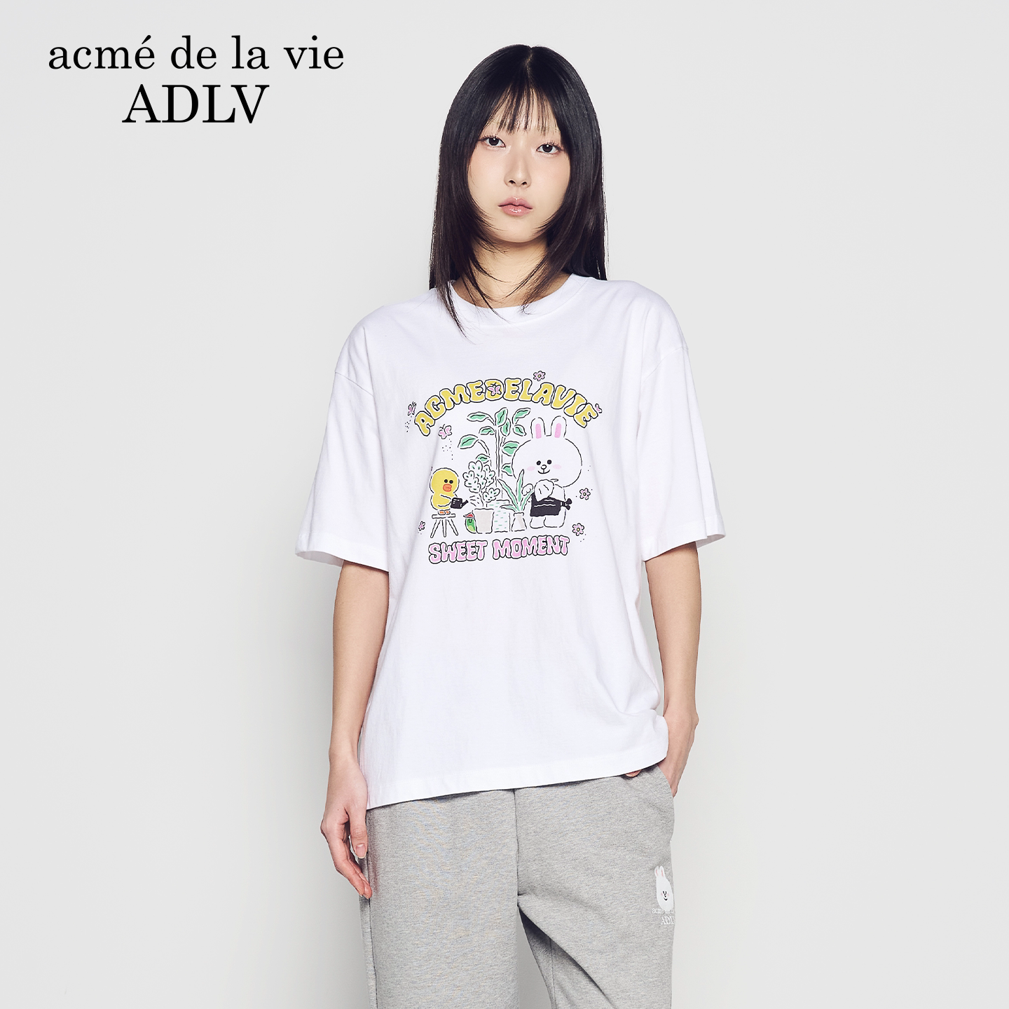 ADLV卡通印花短袖2026年春季新款T恤男女款白色宽松休闲百搭上衣