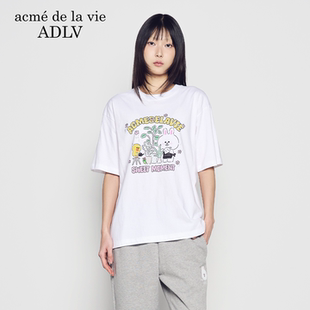 ADLV卡通印花短袖2026年春季新款T恤男女款白色宽松休闲百搭上衣