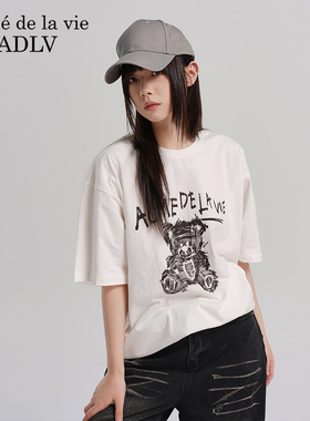 ADLV手绘小能印花纯棉短袖T恤2025年新款中性风男女同款潮流韩国