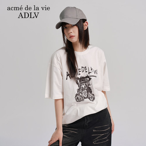 手绘小熊纯棉短袖T恤宽松深棕色