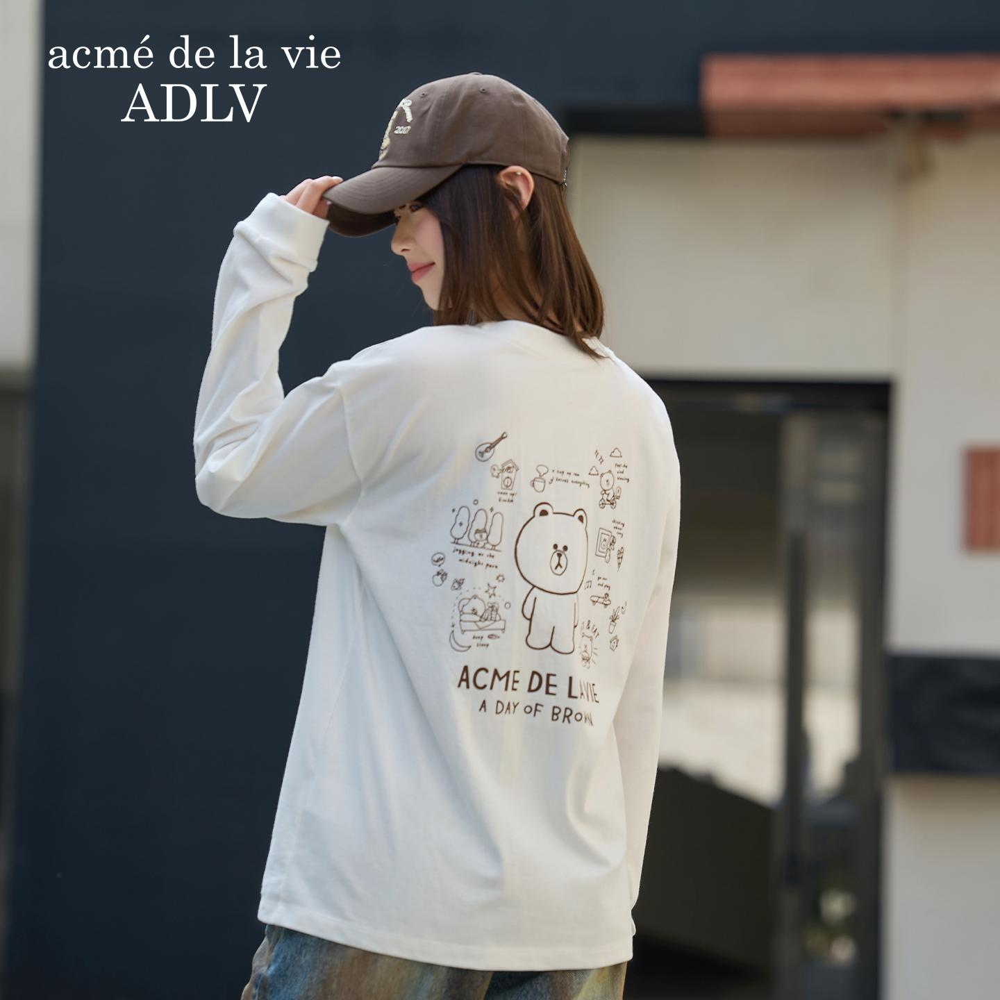 ADLV布朗熊联名长袖印花T恤男女同款宽松休闲风圆领上衣韩版潮流