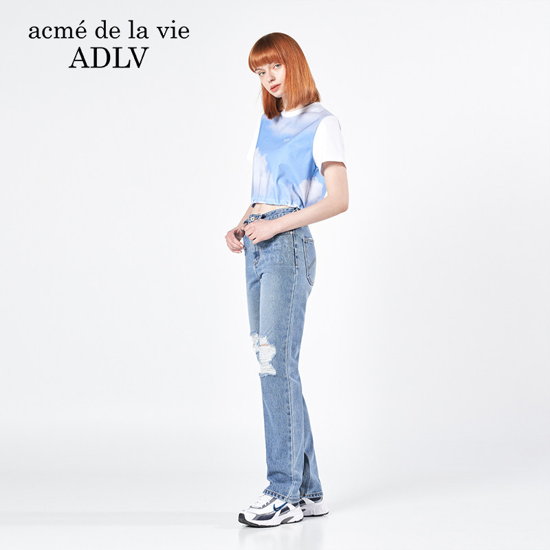 ADLV印花短袖T恤蓝天白云云朵女士女生修身短款辣妹夏季小个子