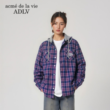 adlv衬衫外套男女士同款格子秋季新款口袋徽章薄外套官方韩国潮牌