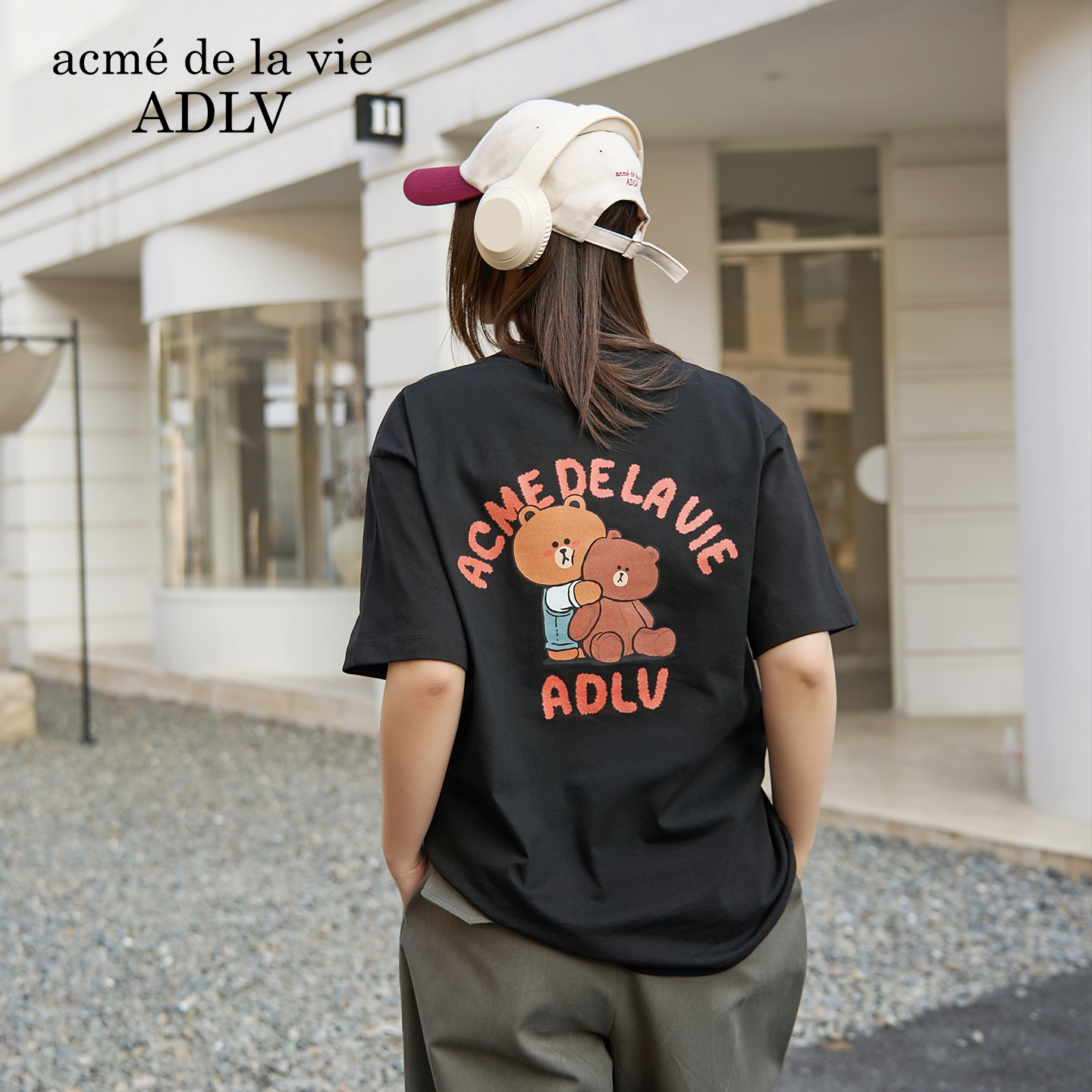 ADLV&布朗熊联名印花短袖T恤男女26春季新款黑色圆领宽松上衣韩版