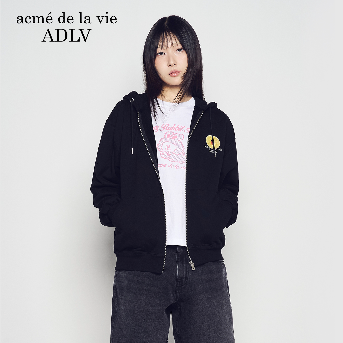 ADLV基础款Logo拉链连帽卫衣男女款黑色春季新款外套潮流休闲上衣