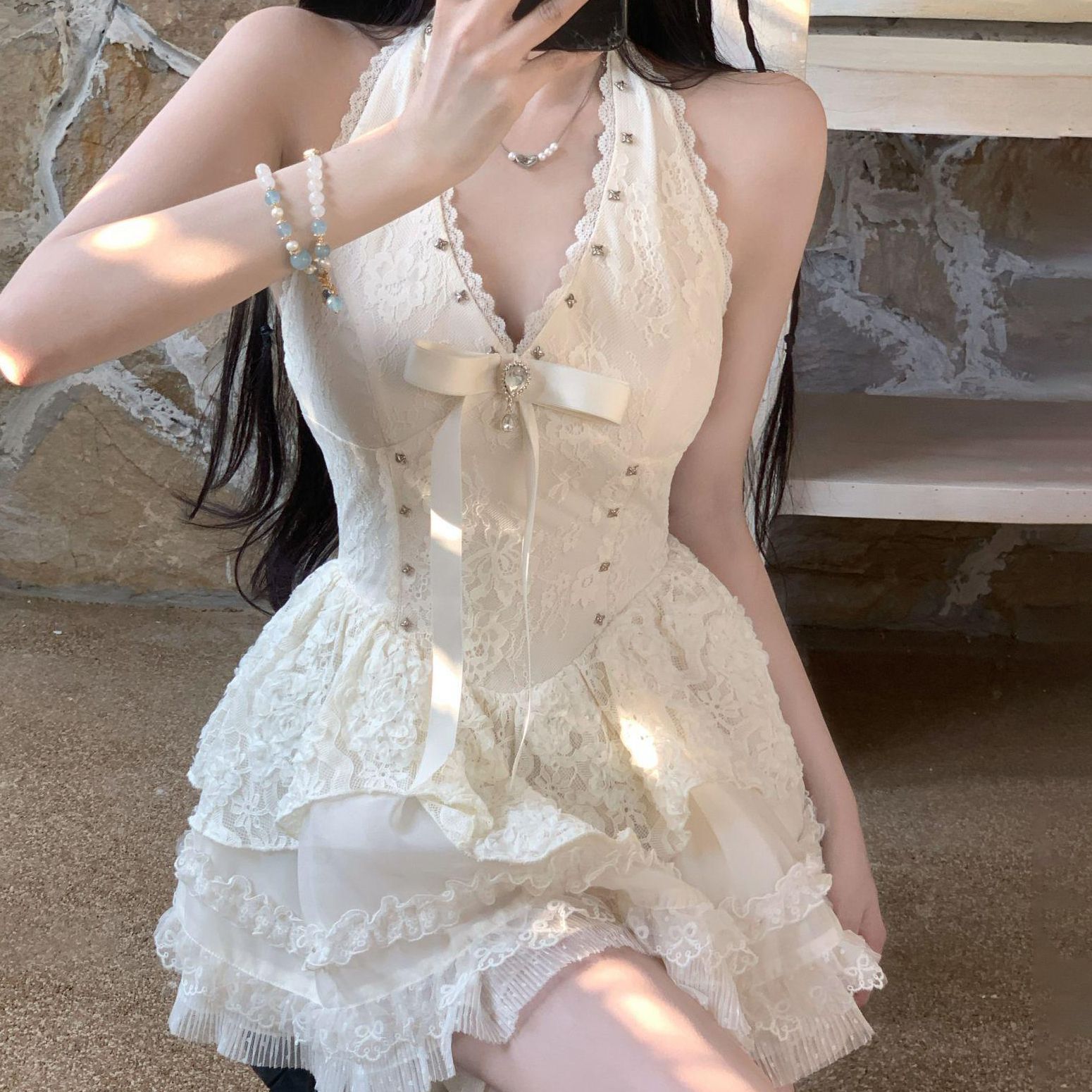 春季新款甜美纯欲风显瘦蝴蝶结连衣裙开衫两件套套装
