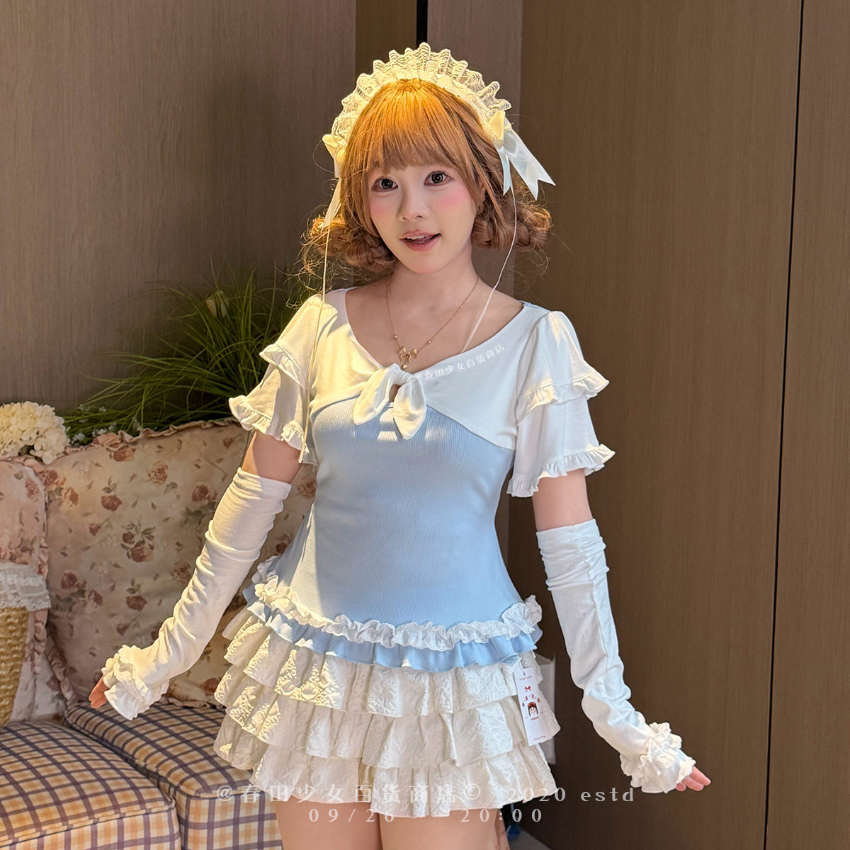 春田少女牛角包大王夏日絮语蝴蝶结夏秋款蓝白收腰双层袖口上衣女图片