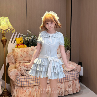 春田少女牛角包大王海盐薄荷条纹娃娃脸夏款裙摆短袖连衣裙蓬蓬裙