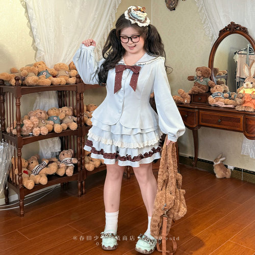 春田少女圆居崽子海军领薄巧蝴蝶结秋款长袖收腰大码蛋糕短裙套装