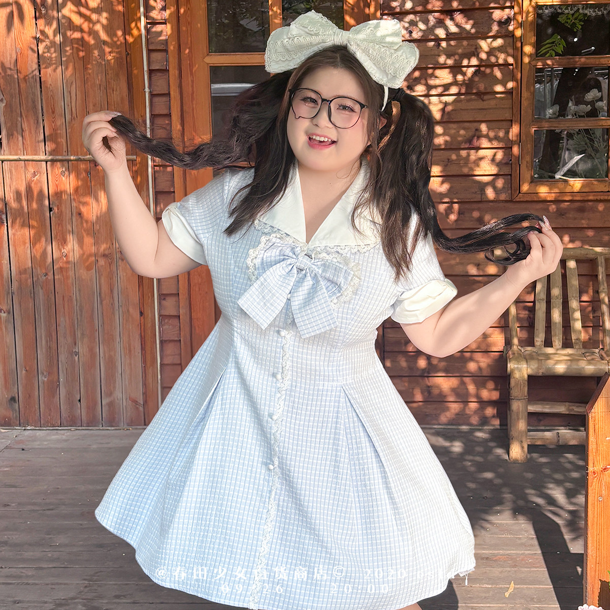 春田少女圆居崽子蓝调月光收腰显瘦蓝白大码连衣裙