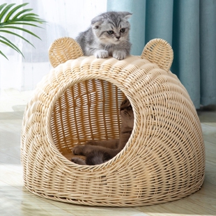 猫窝封闭式仿藤编猫窝四季通用半封闭式宠物窝夏天床别墅夏季猫窝