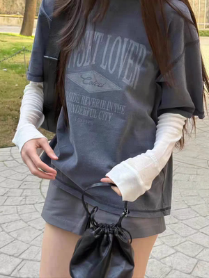 现～韩国东大门新款londonflat休闲风百搭简约纯色印花短袖T恤女