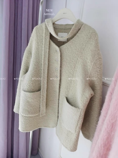 现~韩国东大门正品room25新轻奢风气质百搭V领飘带羊毛大衣外套