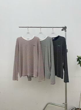 现～韩国东大门正品新款atmosphere25休闲宽松撞色圆领细条纹T恤