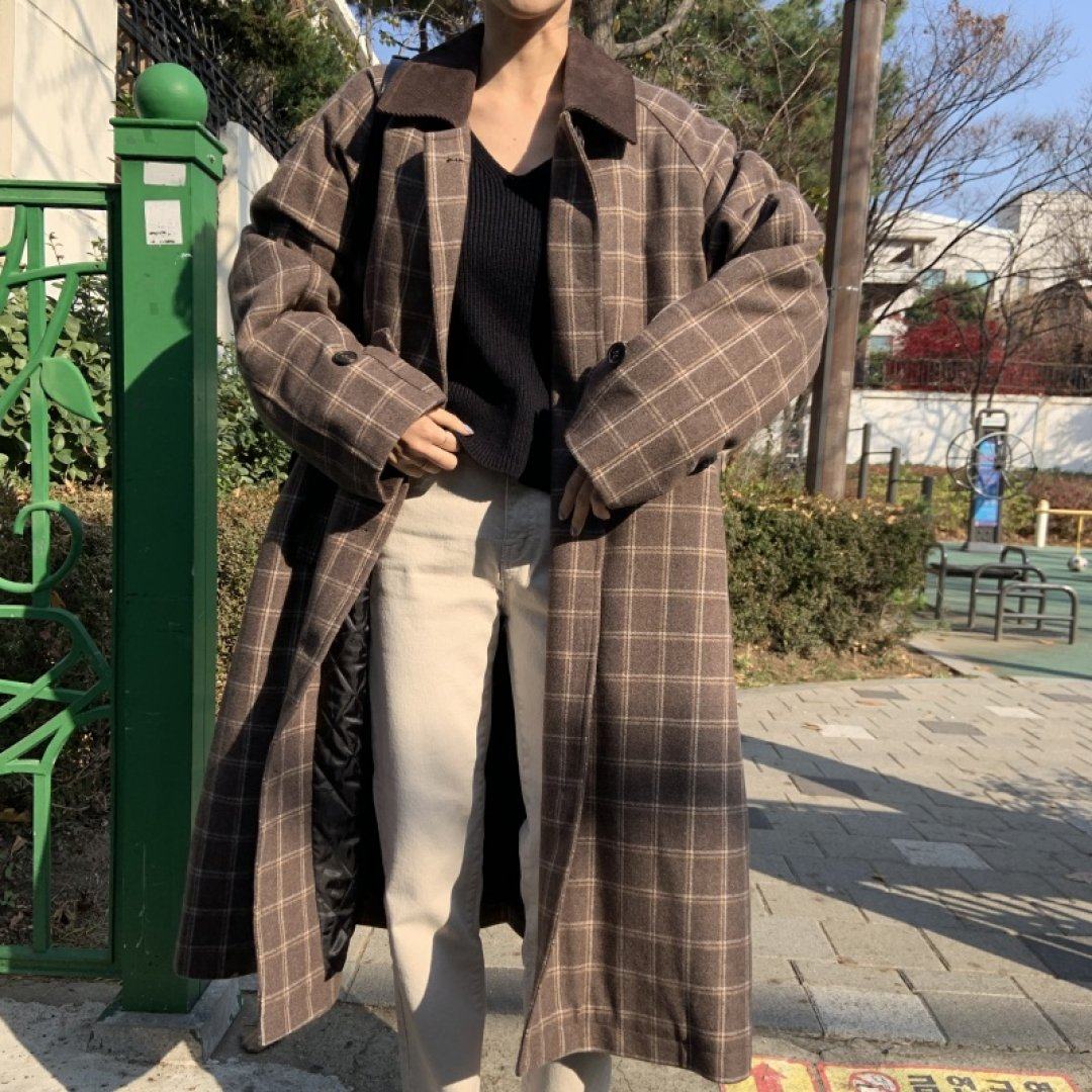 现～韩国正品新款YOUNNIZ格子复古风加棉宽松长款羊毛大衣外套女