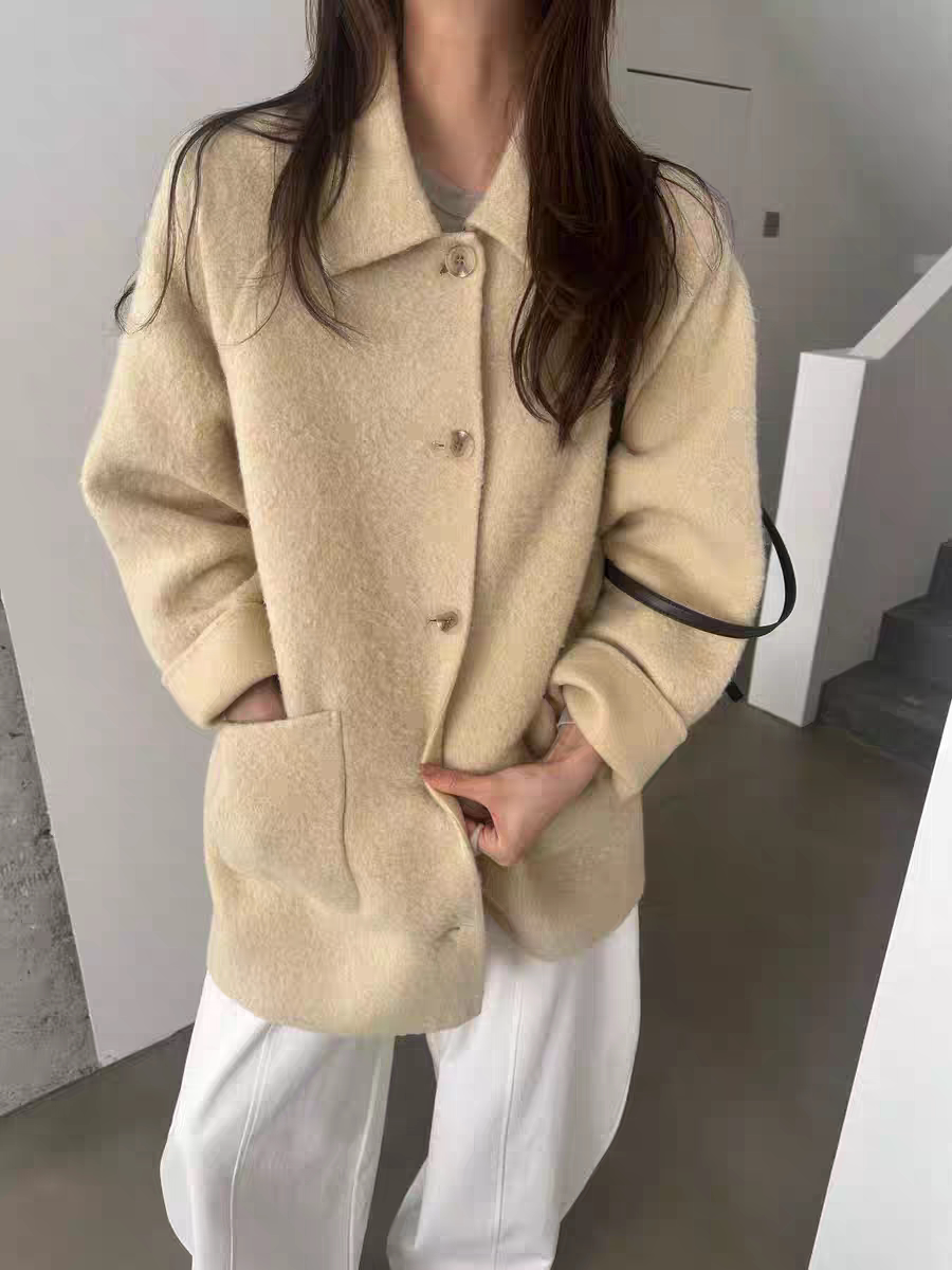 现～韩国正品新款room2025秋冬简约风清新百搭宽松羊毛毛呢外套女