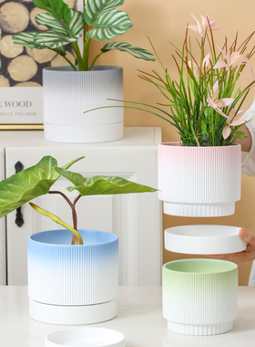 创意工艺素烧陶瓷喷彩花盆渐变色透气吸水粗陶土带托盘种植盆栽