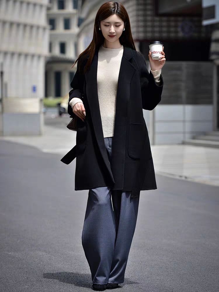 黑色双面羊绒大衣女中长款拱针浴袍高端小个子秋冬季羊毛呢外套