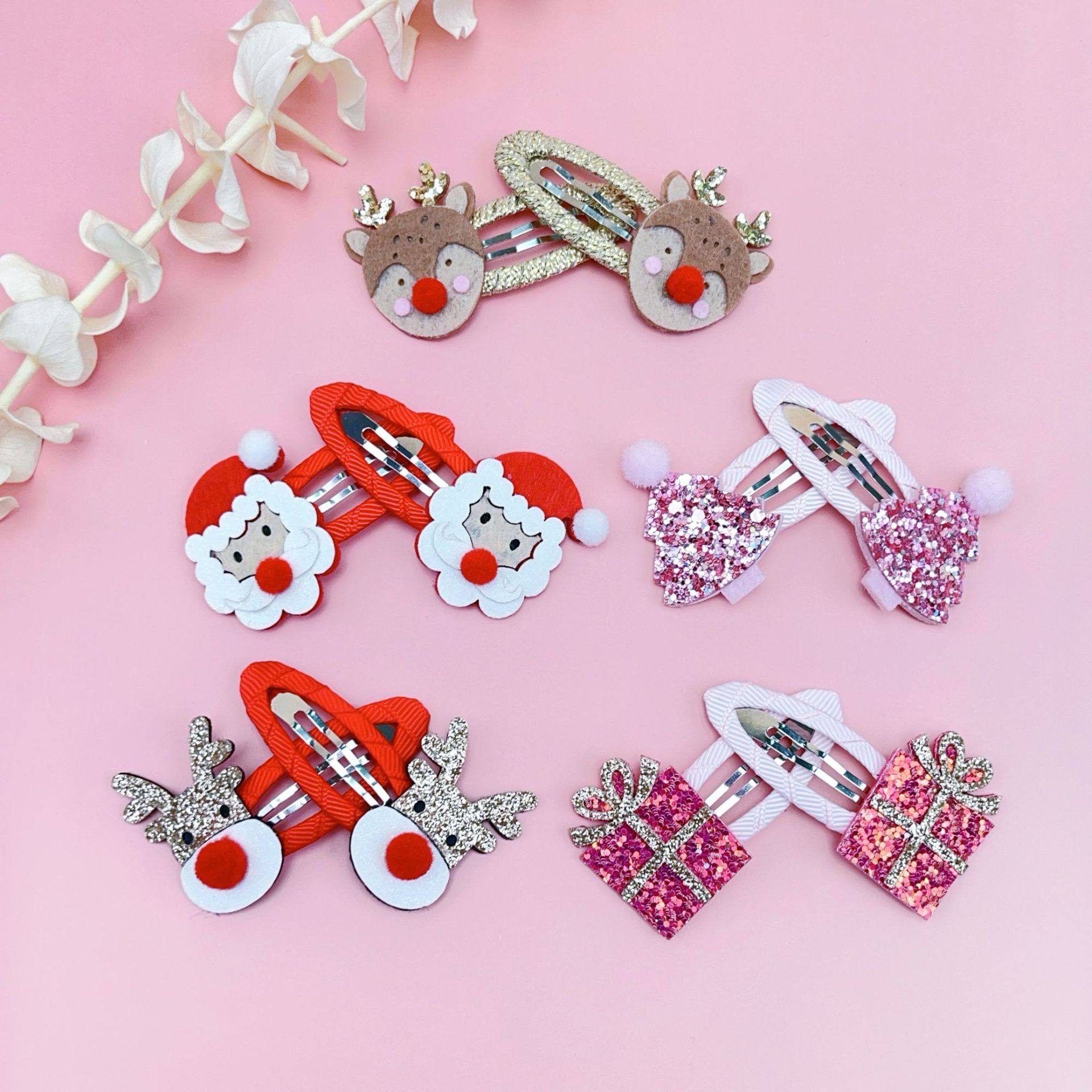 儿童发夹卡通圣诞BB夹 女童碎发侧边水滴夹 婴儿小鹿礼物对装发卡