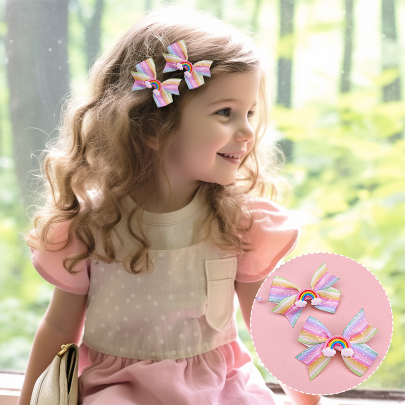 一对装女童蝴蝶结发夹宝宝发卡彩虹刘海边夹波点对夹婴儿童鸭嘴夹