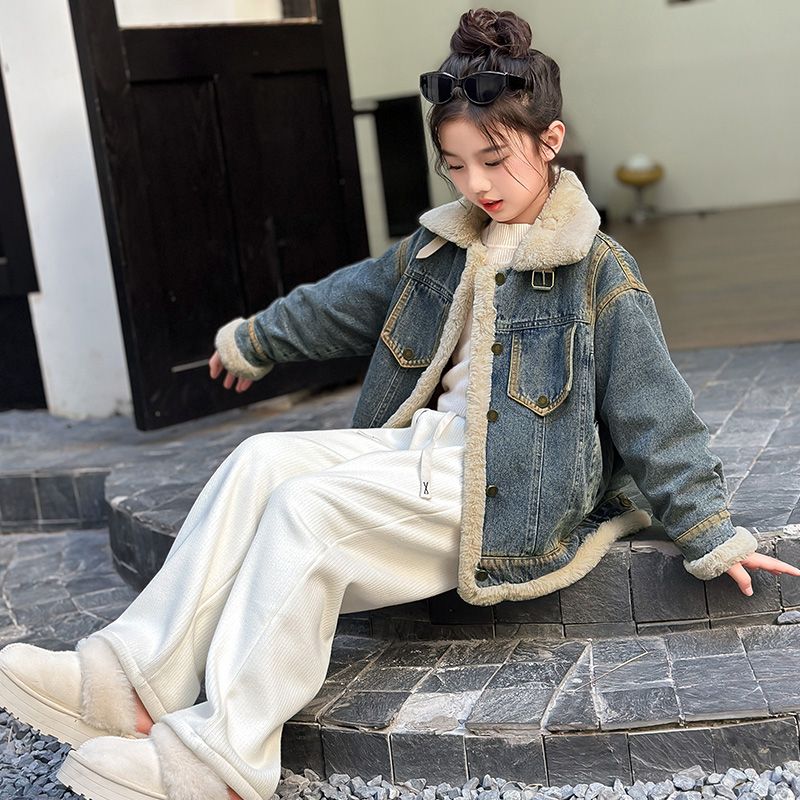 女童外套加绒加厚牛仔上衣中大儿童韩版时尚2025冬季新款网红外套